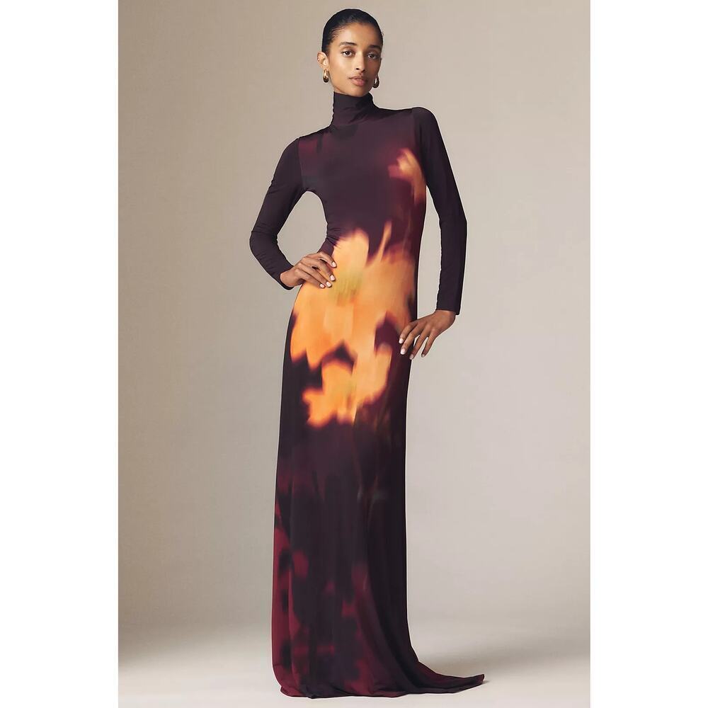 Anthropologie Sisters Black Nova Aline Long-Sleeve High-Neck Maxi Dress Sz 2